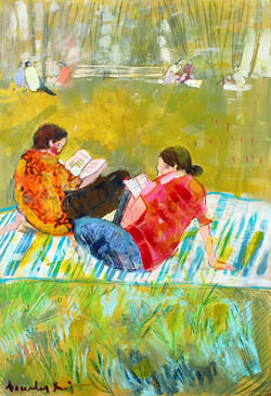 tableau de Lourdes Ral - lecture d'une femme à la fenêtre